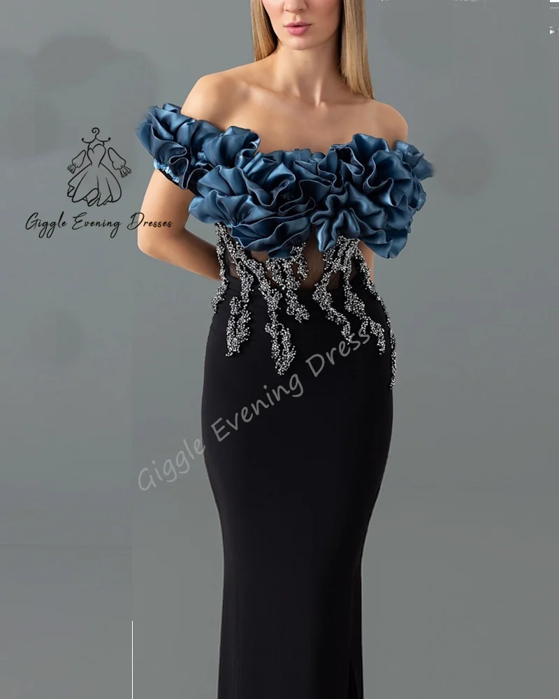 Giggle Customized Off The Shoulder Pleat Tulle Irregularly Satin Prom Dresses Beaded Mermaid Floor-Length Evening Dress