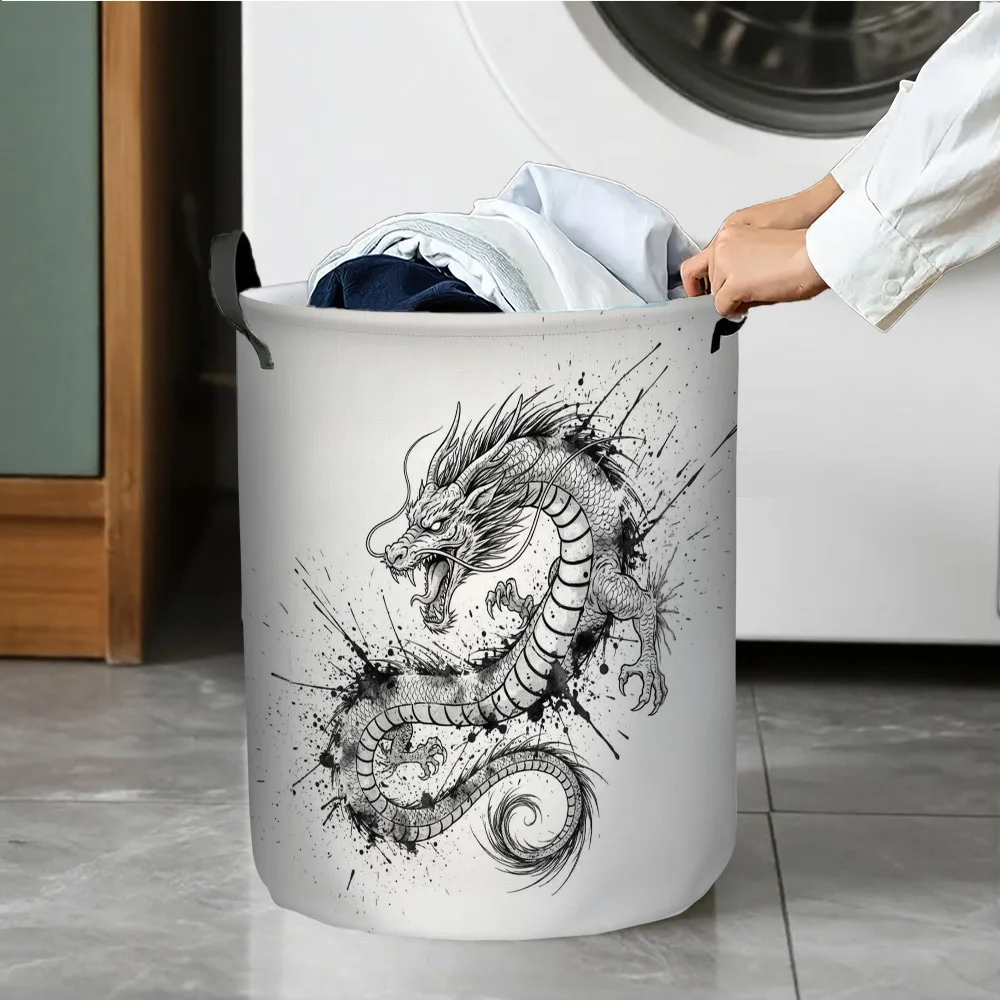 Circular Polyester Laundry Hamper Featuring Design with an Ink Splash Dragon, Ideal for Storing Dirty Clothes And Linens