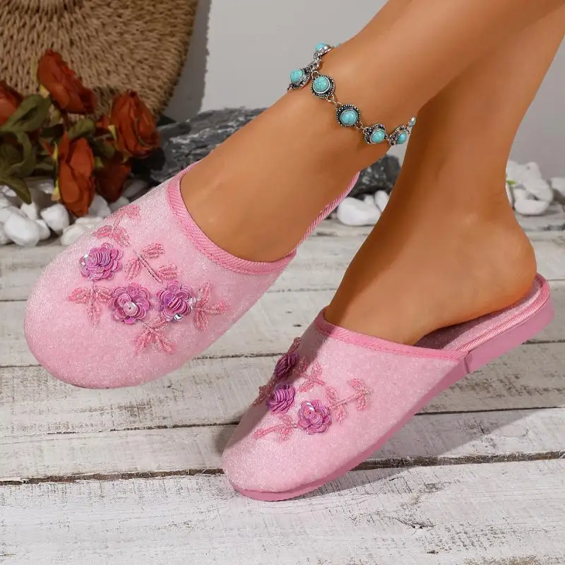 Bunte Pailletten-Blumen-Hausschuhe für Damen, Herbst, leichte, weiche Plüsch-Mules, warme Schlafzimmer-Slipper für Frauen – Detail 9