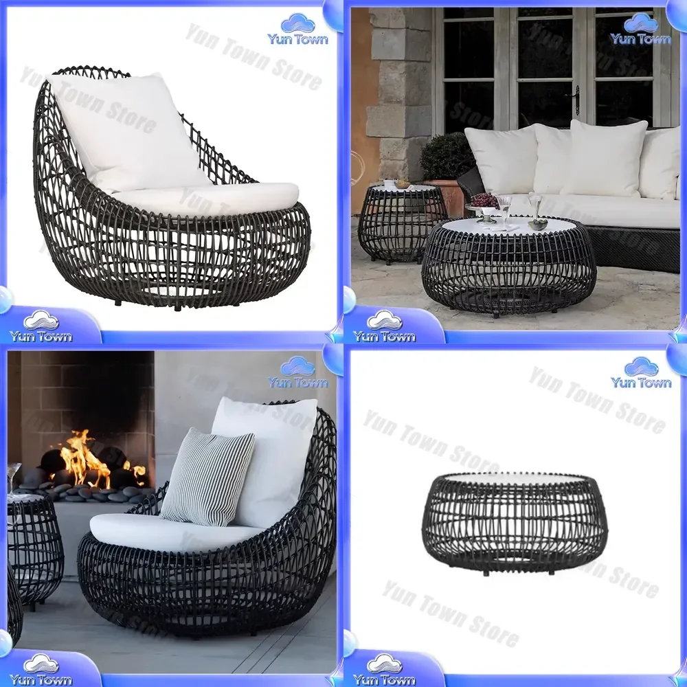 Courtyard Rattan Sofa Set for Outdoor Balcony Patio Sun Room Garden Furniture with Rattan Chair Coffee Table and Reclining