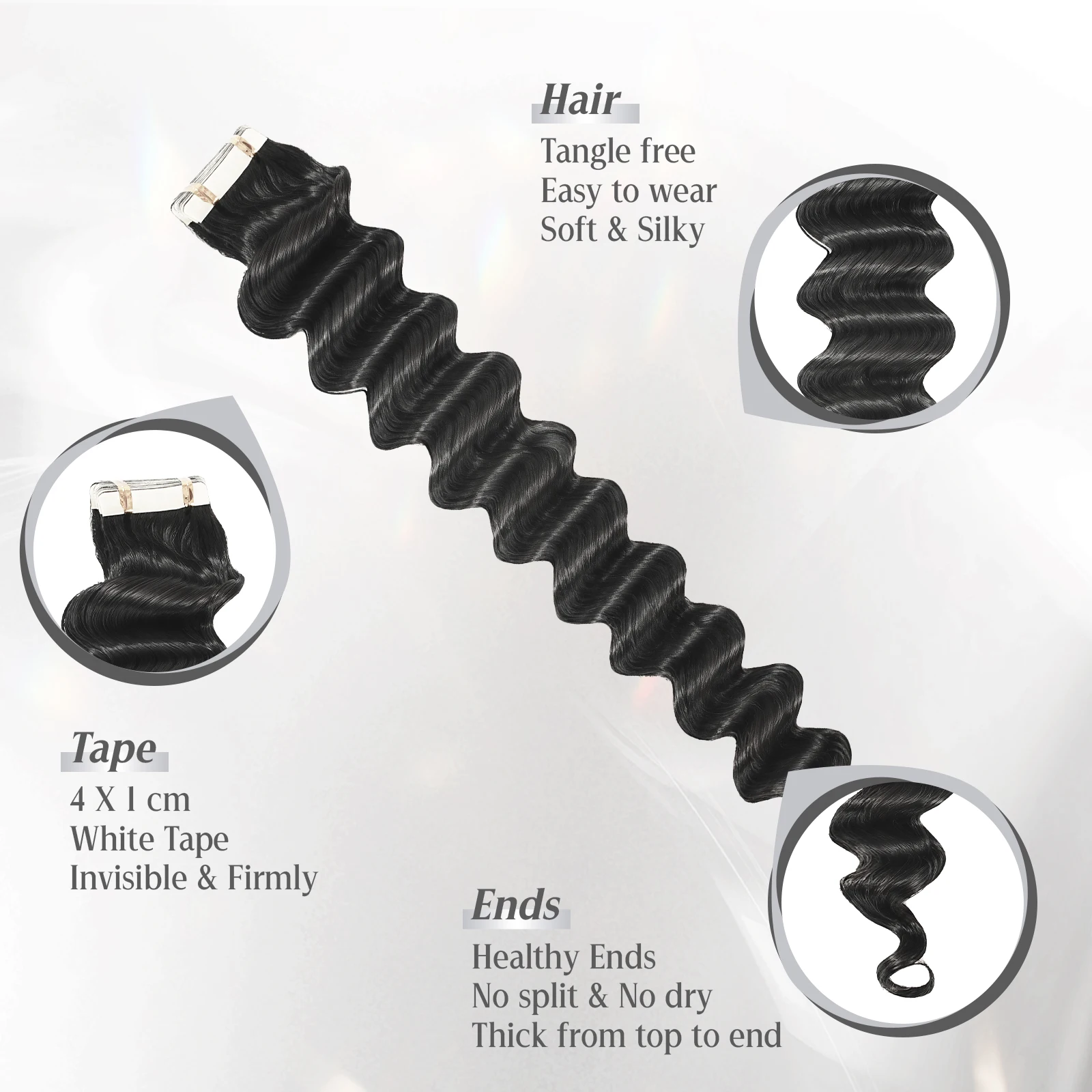 Wacur Deep Wave tape In Human Hair Loose Deep Tape Extensions 50g/pack 20pcs Natural Virgin Remy Hair,Natural Invisibility Women