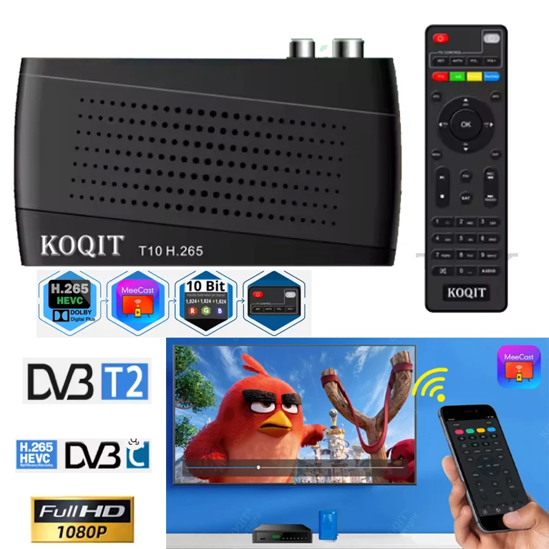 Receptor de TV Digital FTA Smart Meecast Koqit T10 con Grabación PVR, Receptor de TV Satelital H.265 HEVC DVB-T2 DVB-C Full HD 1080P