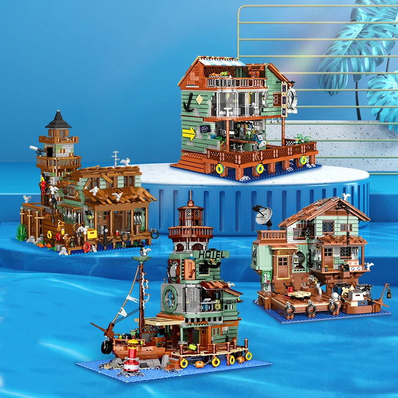 Creative Fishing Village Store House Mini Bricks Building Toys Ideas Fisherman\'s Wharf Restaurant Architect For Adult Kids Gifts