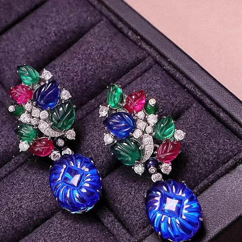 

ARIGAYA 925 Sterling Silver Plated High Carbon Diamond Tutti Fruit Style Earrings With Red Green Blue Engraved Gemstone