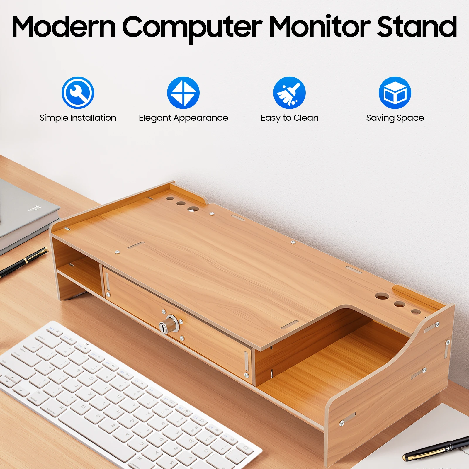 Suporte de monitor ergonômico com gaveta com fechadura, suporte para telefone, organizador de mesa em mdf, gaveta com tampa de carga de 5kg para armazenamento de escritório doméstico