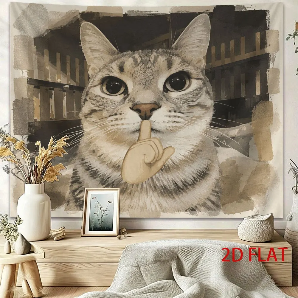 Funny Tabby Cat Tapestry, Cat Making Middle Finger Gesture, Vintage Watercolor Grunge Wall Hanging for Bedroom Dorm Decor