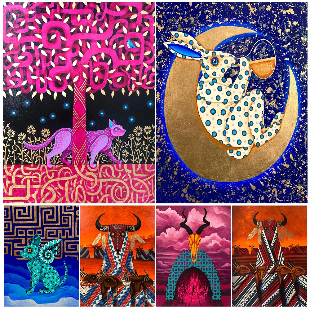 Cheetah,Flying,Cat,Bull Head,Animal Shaman Abstract Wall Art Canvas Painting Surreal Fantasy Creature Art Poster And Print Decor