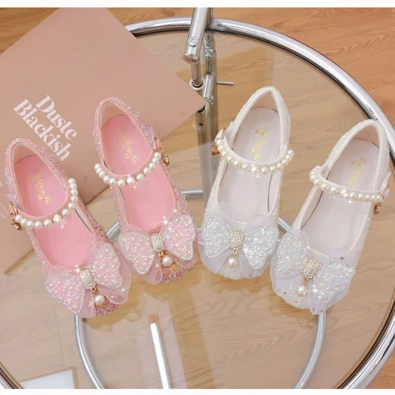 Princess Butterfly Leather Shoes Kids Diamond Bowknot High Heel Children Girl Dance Glitter Shoes Fashion Girls Party Dance Shoe