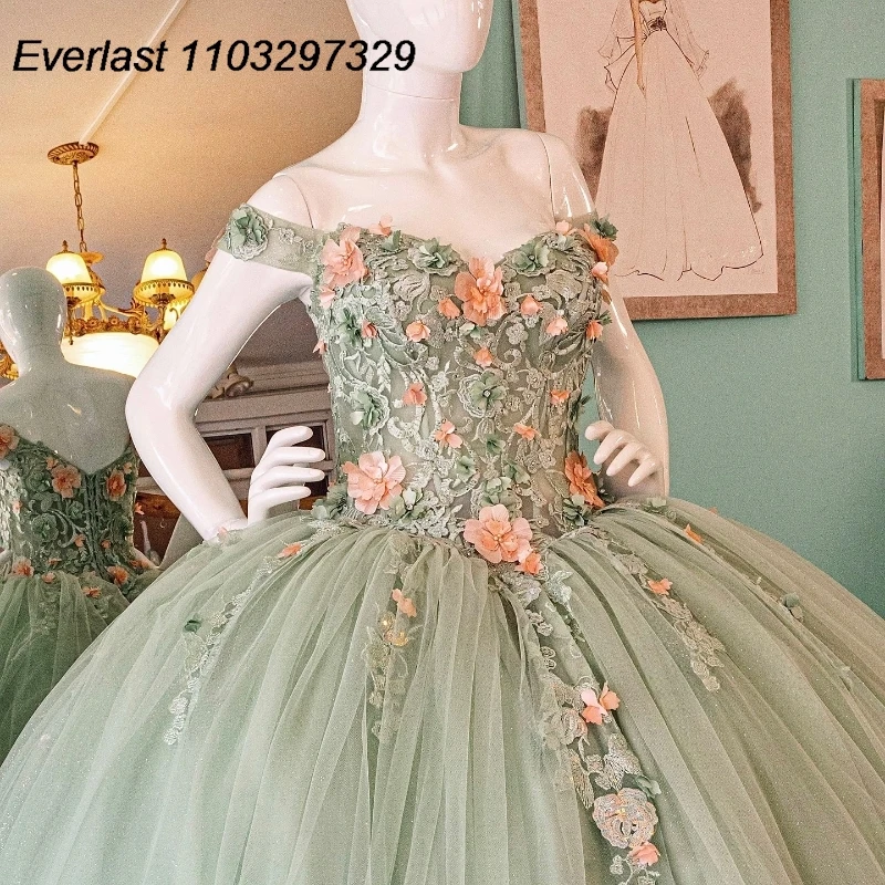 EVLAST Personalizado Sage Verde Quinceanera Vestido de Baile Rosa 3D Flores Applique Frisado Doce 16 Vestidos De 15 Años TQD860