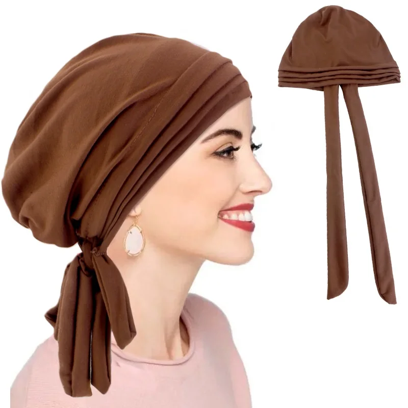 

New Women Elegant Pleated Large Turban Hats Solid Color Long Tail Elastic Head Wraps Classic Lace Up Headscarf Beanies Chemo Cap