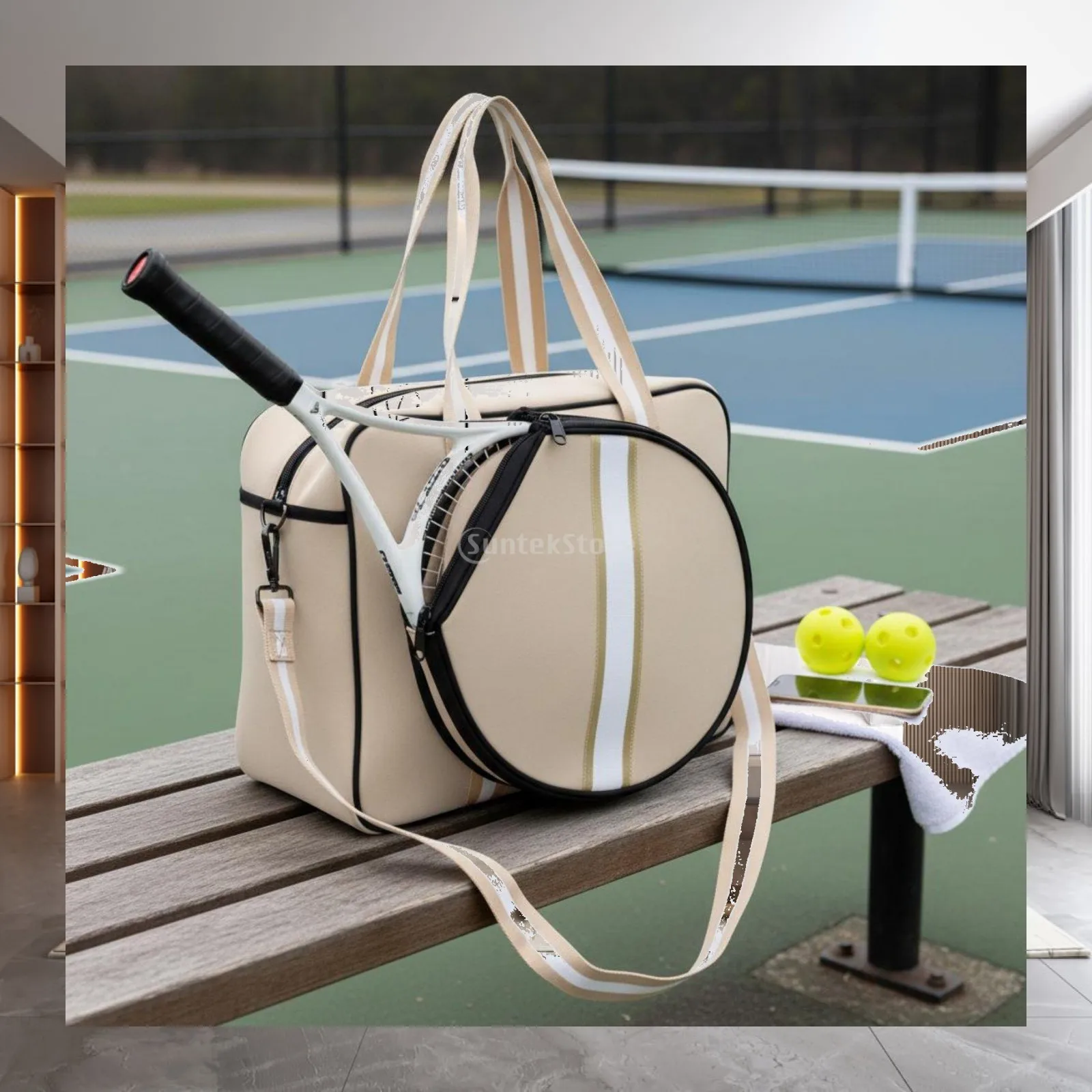 Quilted Tennis Racket Bag Pickleball Tote Oxford Cloth Lightweight with Detachable Strap for Court Training and Travel