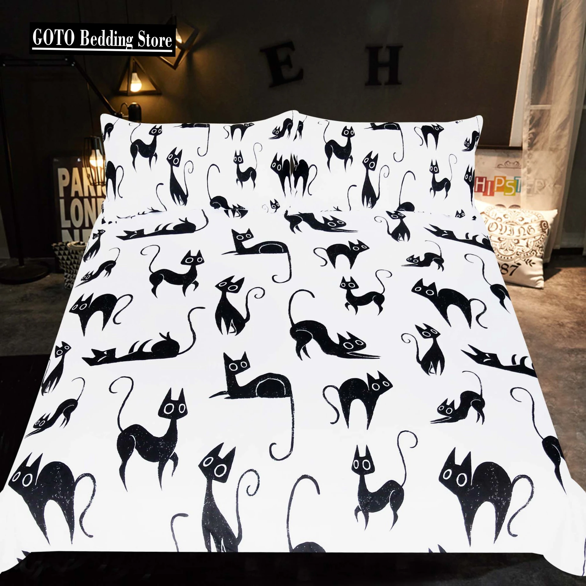 

Printed cartoon cat bed linen set Black White Duvet Set Pillowcase Twin Beddings Bedroom Comforter Bedding Sets High quality