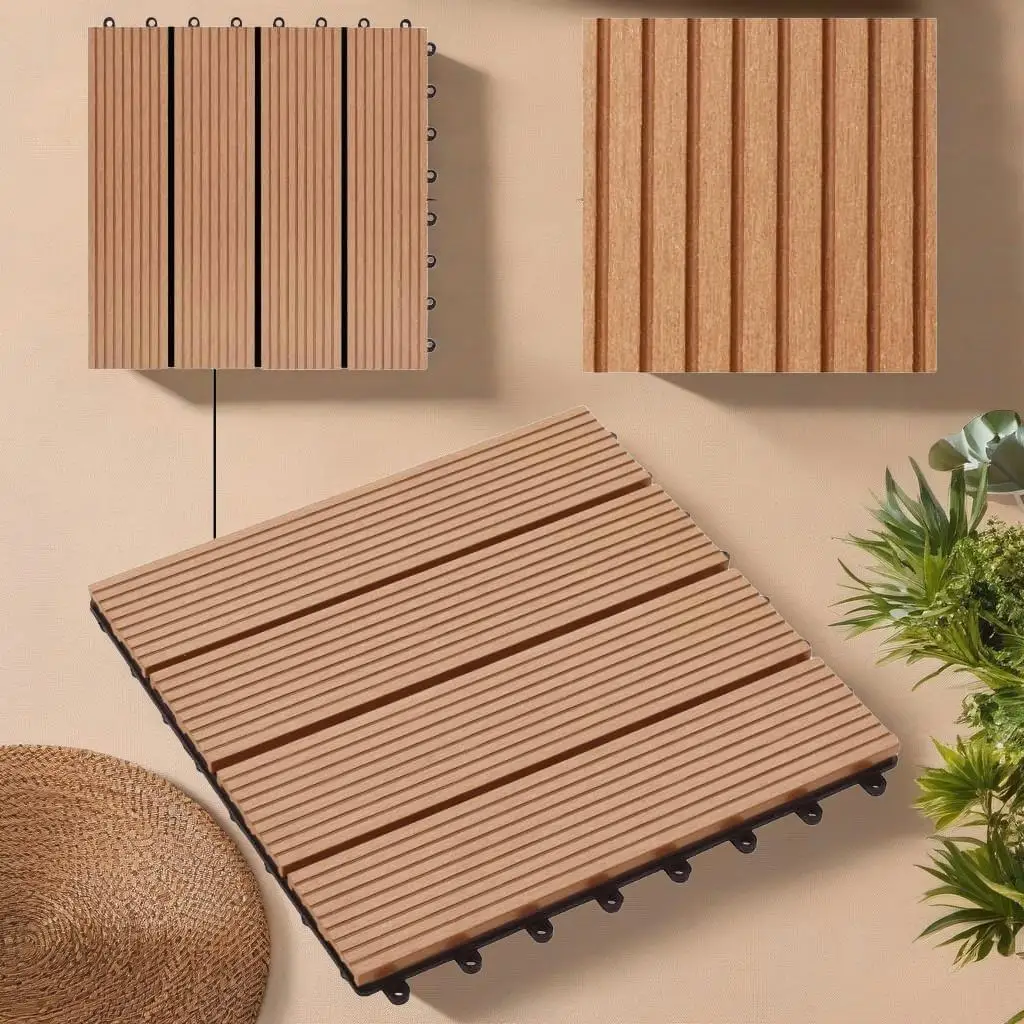 11 Pcs WPC Decking Tiles 11.8x11.8 Inch - 1 SQM Teak Color Outdoor Flooring