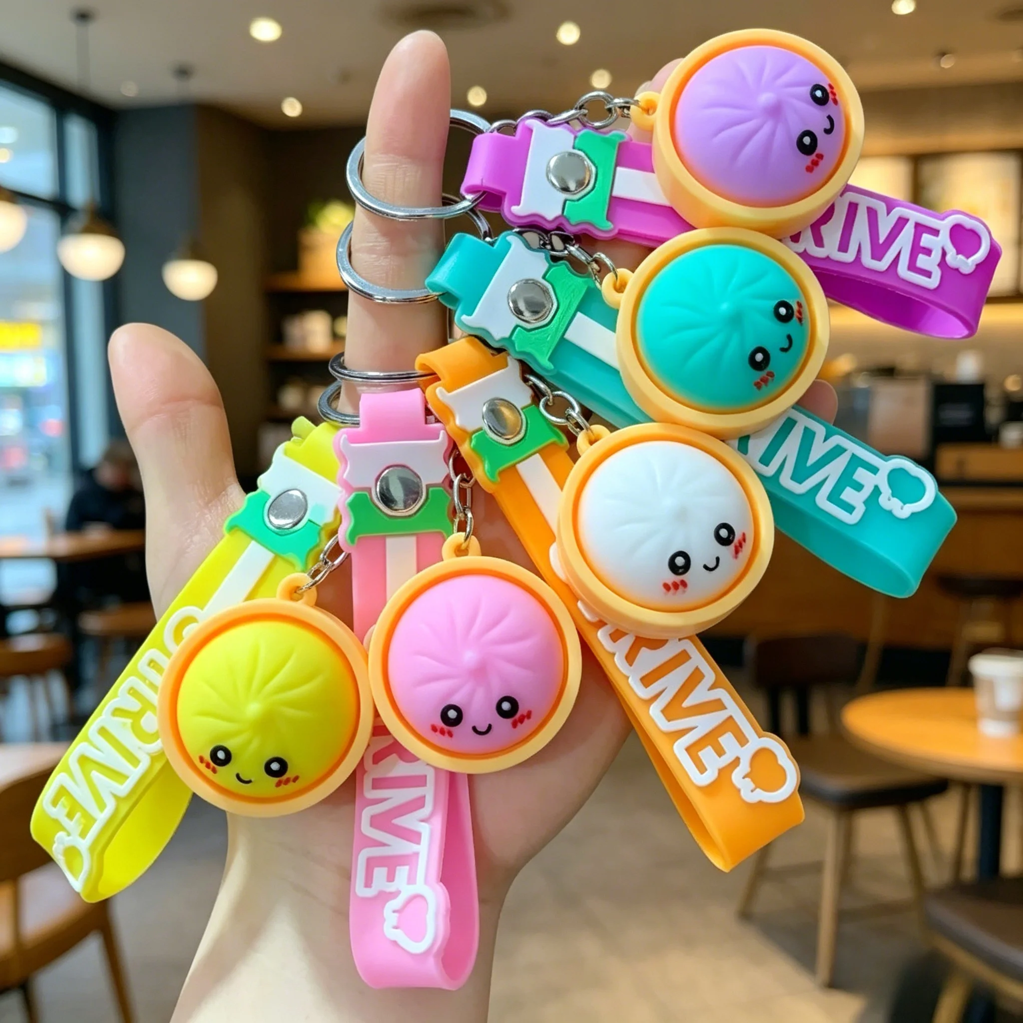 Kawaii 3D Soft Squishy Dumpling & Baozi Steamer Keychains Bag Pendant Car Key Ring Birthday Party Wedding Mini Favors for Guests