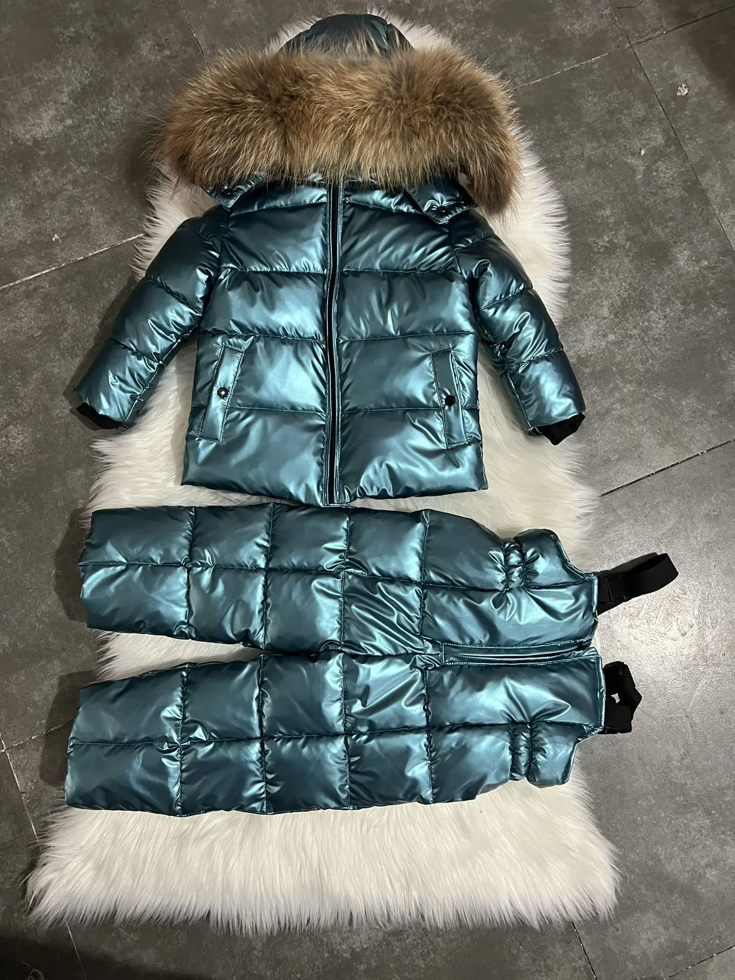 New  Winter Jacket Children down Jackets & Pant 2023 Child duck down Fur hooded girl snowsuit boy Suit set outerwear ski suit