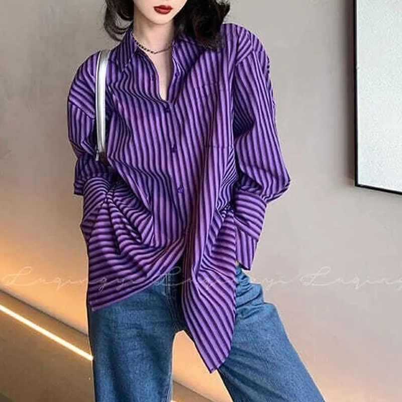 Women\'s New Fashion Vintage Striped Long Sleeve Shirt Female Clothing All-match Casual Buttons Turn-down Collar Loose Blouse