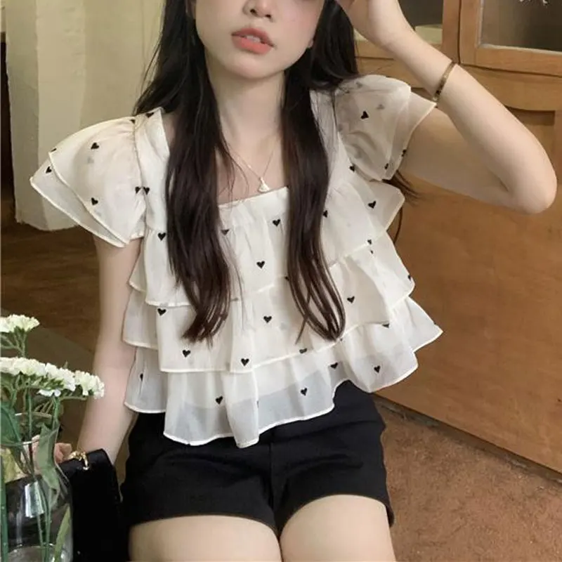 Sweet Heart-shaped Printed Shirt Summer Flying Sleeve Women\'s Clothing Stylish Ruffles Elegant Square Collar Drawstring Blouse