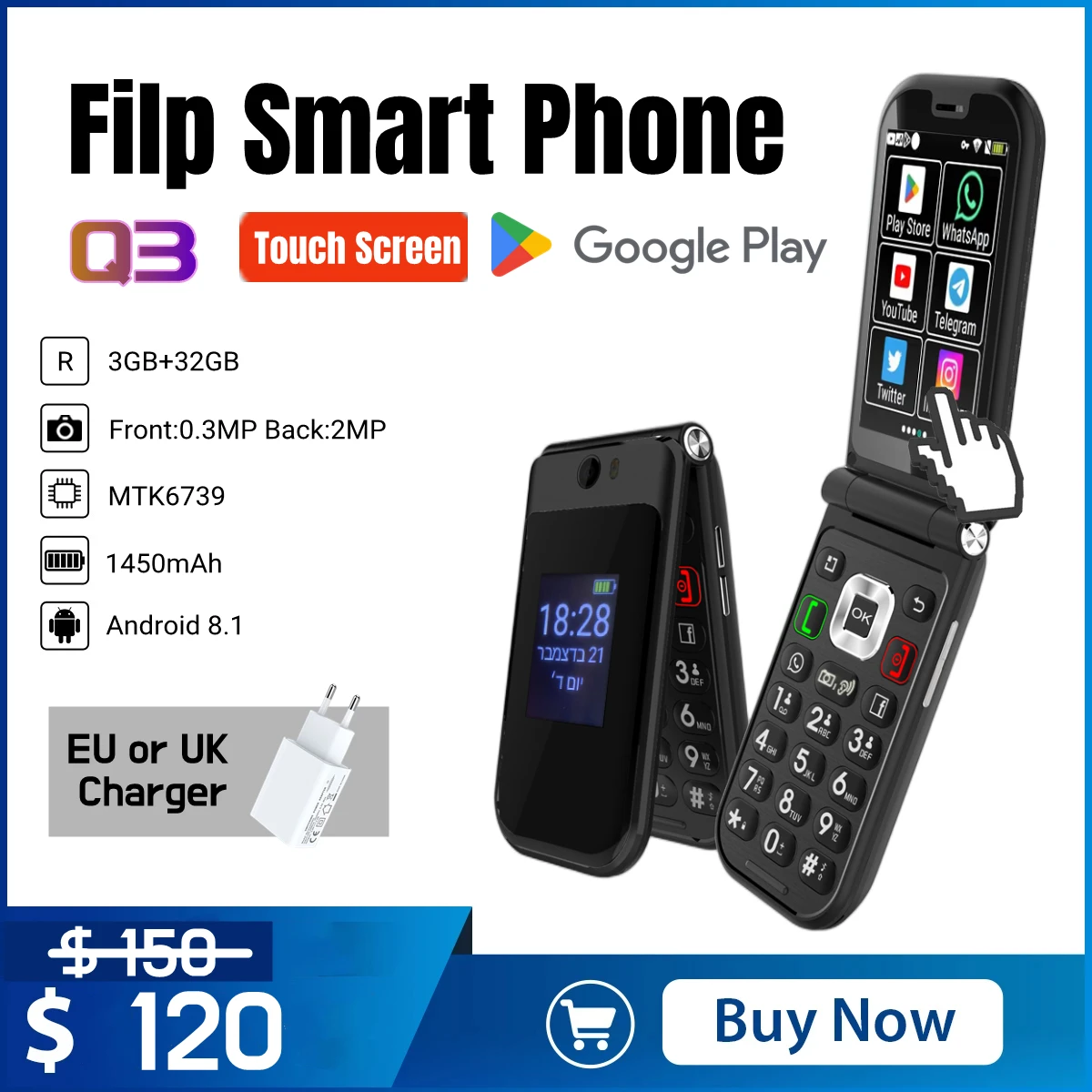 Flip Smart Phone com Tela Sensível ao Toque q3 4g Android Mtk 6739 1450mah Wifi 2.8 in 3gb Versão 32gb Novo