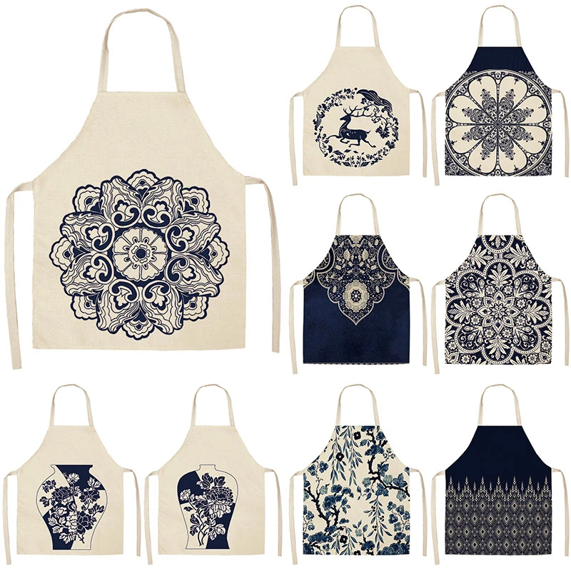 Blue Porcelain Mandala Kitchen Aprons For Women Cotton Linen Bibs Household Cleaning Pinafore Home Cooking Apron 55x68cm