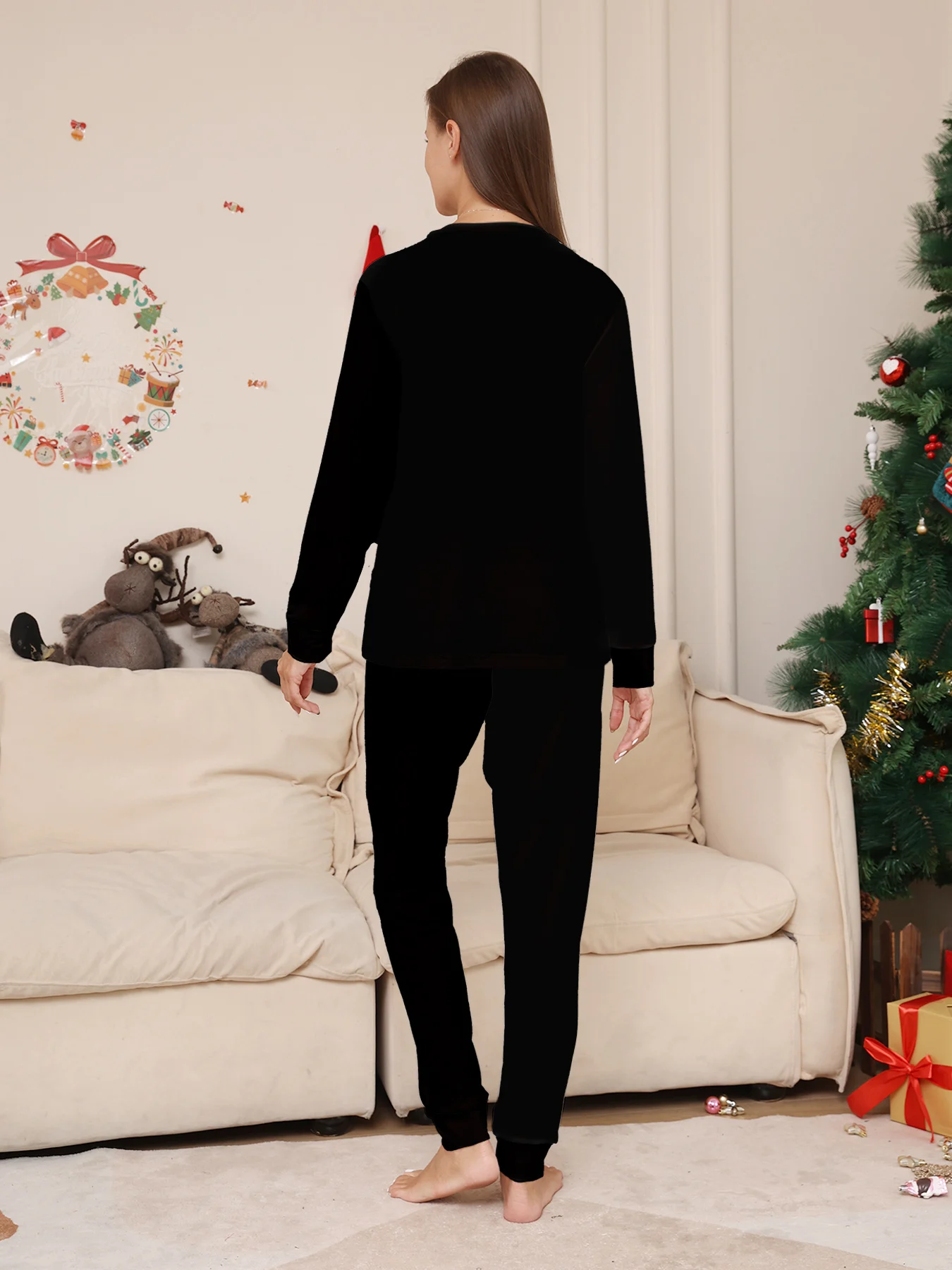 Familien-Weihnachtspyjama-Set, passende Schlafanzüge für Eltern und Kinder, schwarzer Langarm-Schlafanzug mit Skelett- und Schleifenmuster, Weihnachtsgeschenk für Männer, Frauen und Kinder. – Detail 6