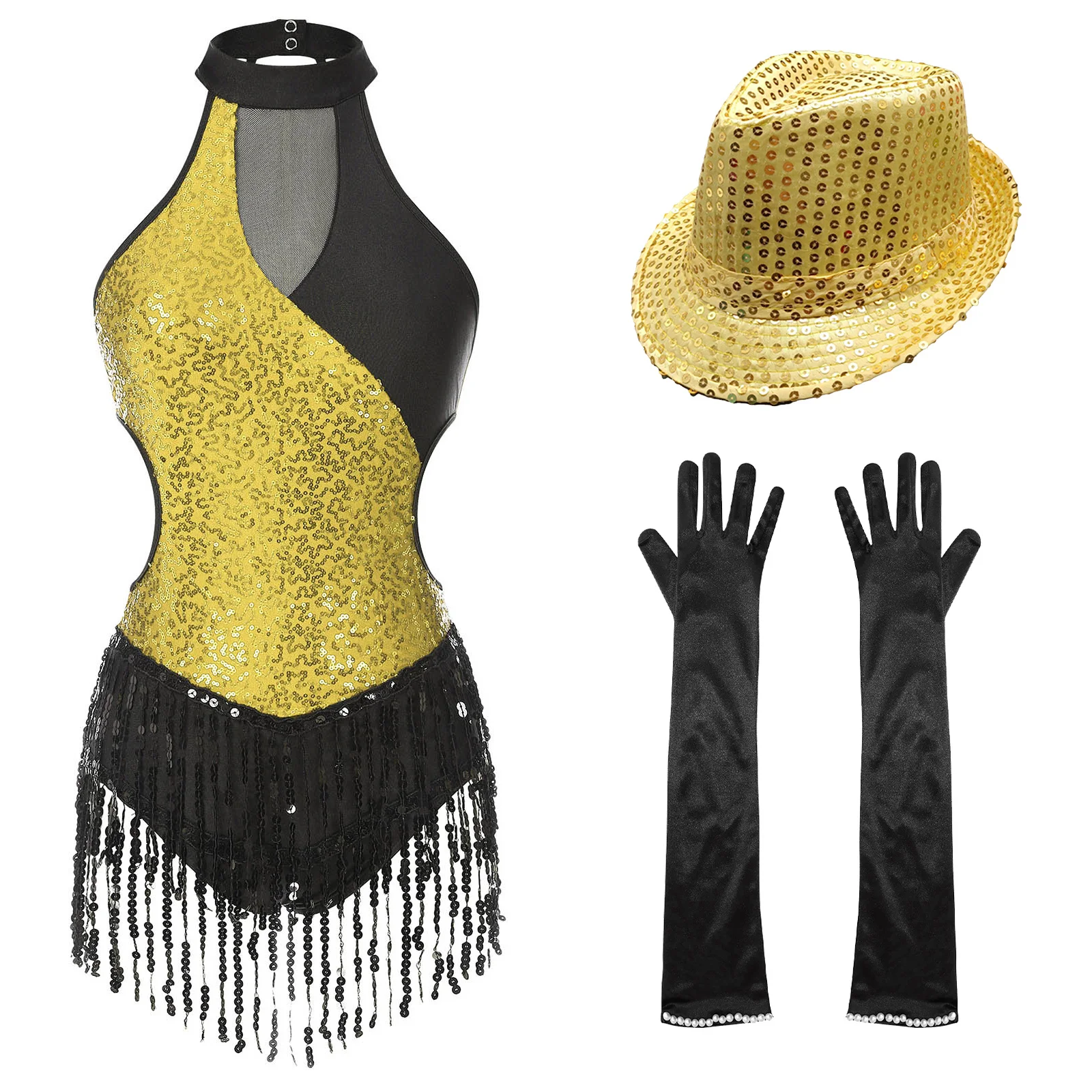 

Womens Jazz Latin Tight Fitting Jumpsuit with Gloves Hats Ballet Tango Dance Performance Outfit Tassel Leotard Dancewear