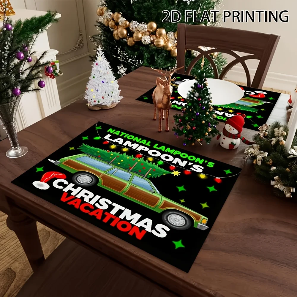 4pcs Christmas Placemats - Vintage RV and Christmas Tree Design National Bulb Christmas Holiday Table Decor for Dinning Party