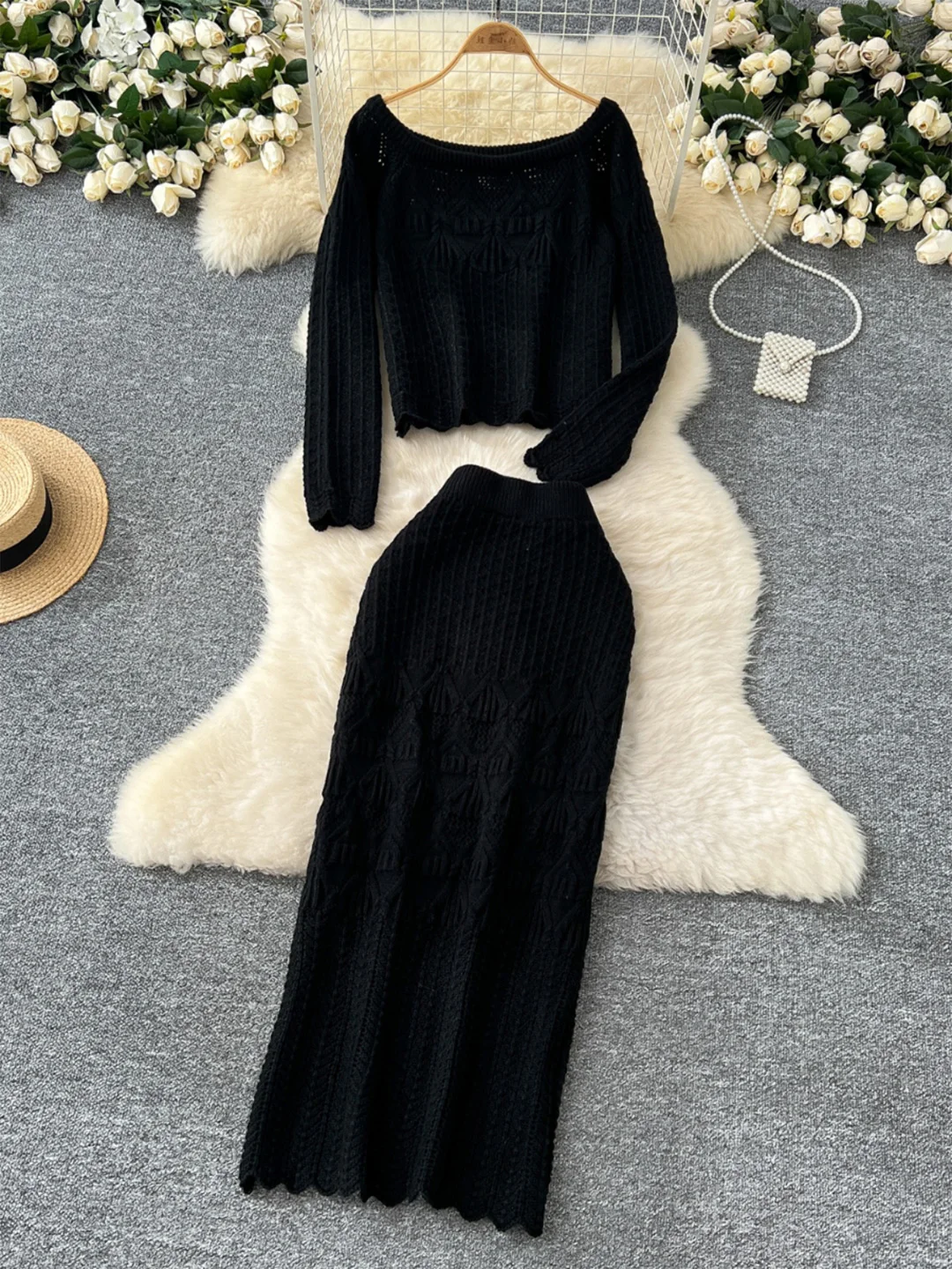Croysier Skirts Sets Womens Outfits Cozy Casual Knitted Two Piece Set Women Cropped Sweater Pullover And Midi Skirt Co Ord Set