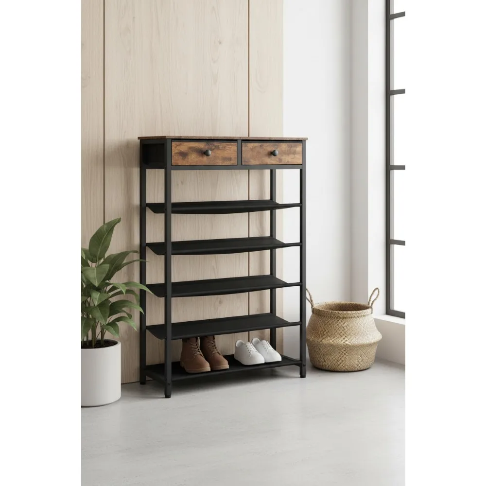 

6-Tier Shoe Storage Organizer with 2 Drawers, Rustic Brown Shelf for Entryway, Holds 15-20 Pairs