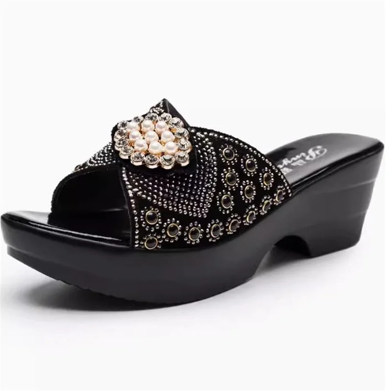 diamond Ladies Summer sandals Genuine Leather Shoes Women High Heels Fashion Wedges Summer slipper size 35--40