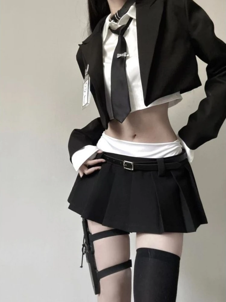 New Preppy Y2K Summer Casual Sweet 3 Piece Set for Women Cropped Blazer Crop Shirt High Waist Pleated Mini Skirt Slim Fit Outfit image 3