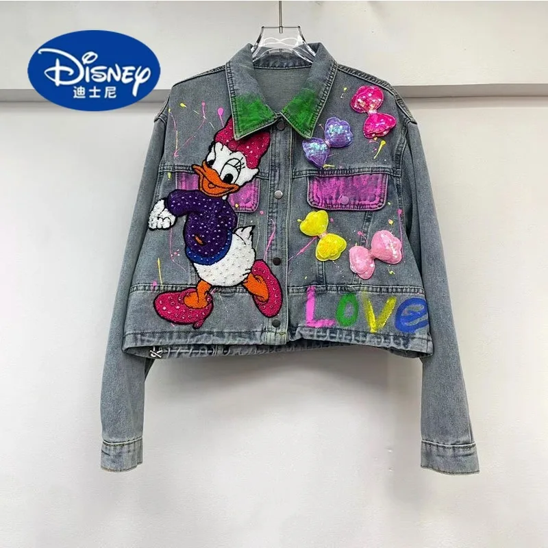 

Disney 2025 женская джинсовая куртка весна осень свободная вышивка бисером граффити сладкий корейский стиль