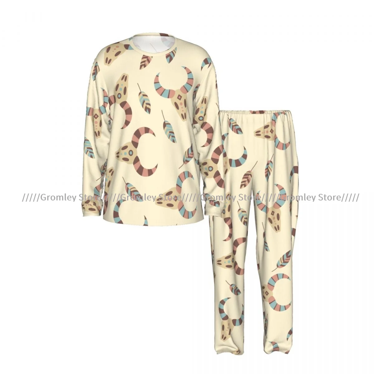 Men's Long Sleeve Long Pants Pajama Set Boho Skulls Style Casual Loungewear and Sleepwear for Home