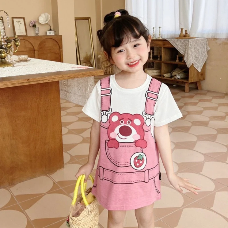 2024 Summer neonate Mini Dress Kids Cute Kitty t-shirt abiti Disney Cartoon Lotso Toddler manica corta abbigliamento Casual