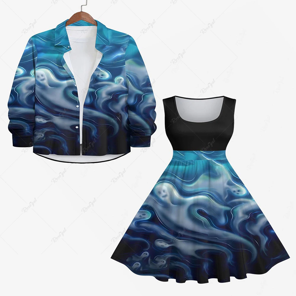 Plus Size Halloween Costume Ghost Ocean Printed 1950s Vintage Dress And Buttons Long Sleeve Shirt For Men 2024 Autumn