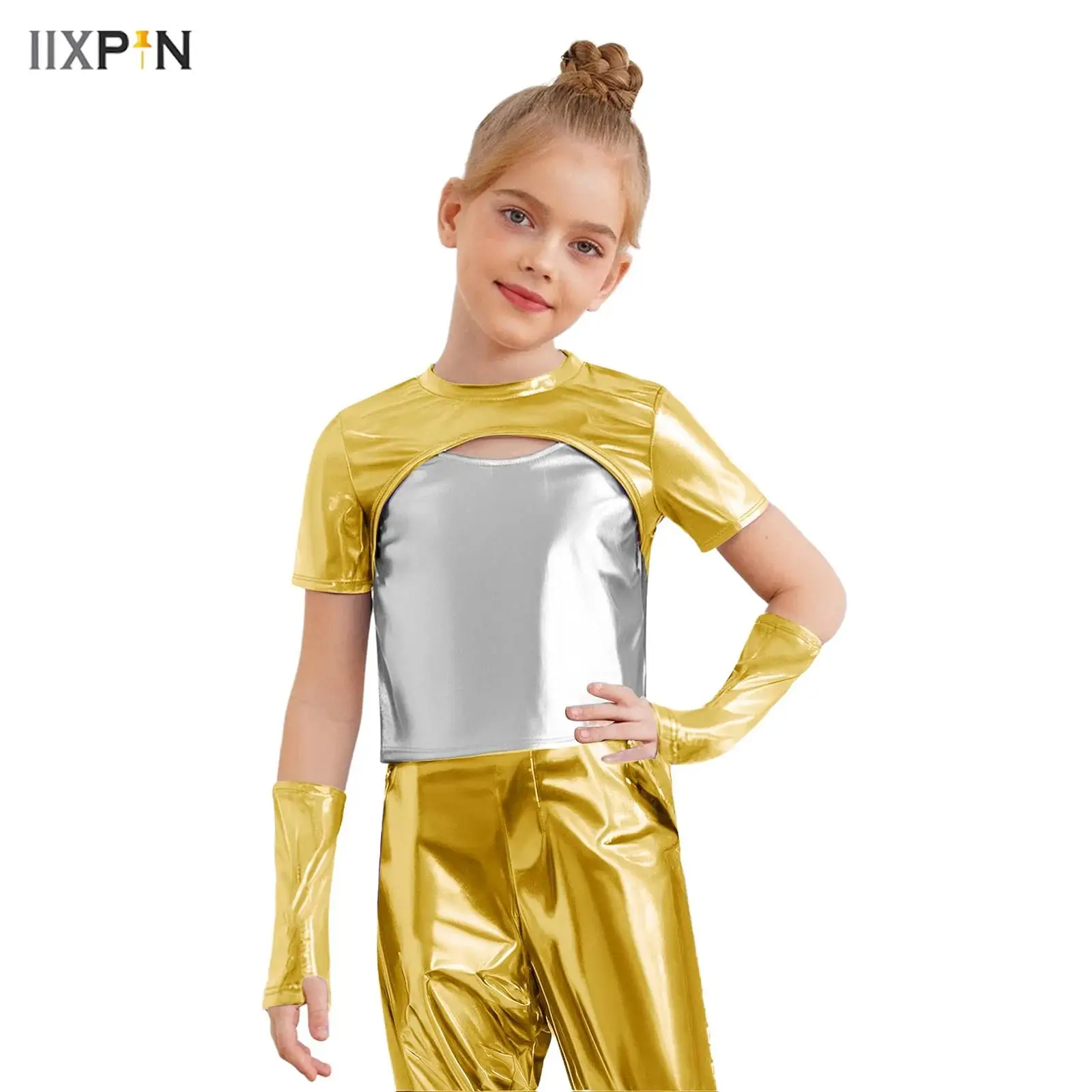 

Kids Girls Hip-Hop Jazz Dance Crop Tops Round Neck Short Sleeve Cutout Front Color Block Metallic T-shirt with Gloves Halloween