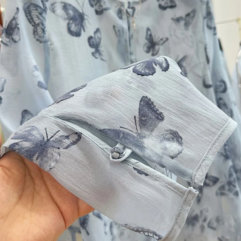 Camicie da donna con stampa a farfalla girocollo camicie da pendolarismo a maniche lunghe top con protezione solare in Tulle camicetta temperamento moda estiva