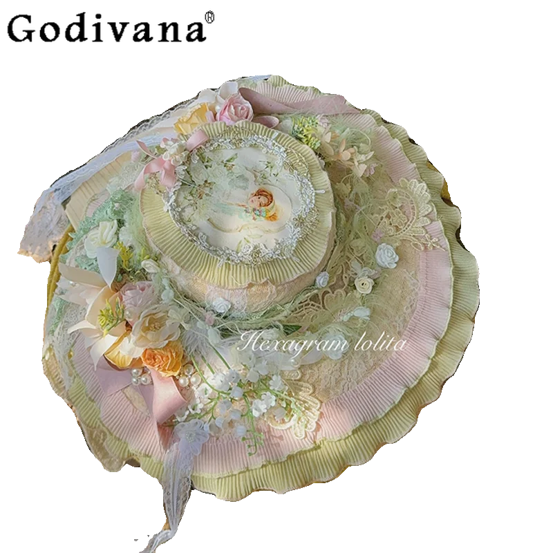 Fiore Lolita Cla Serie Cappello francese per donna Pastorale Mori Girl Cappello da sole in paglia Stile giapponese femminile Bnt Cappelli Lolita floreali