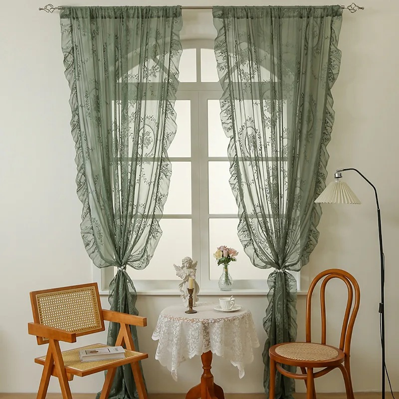 1 Pair Green Sheer Vintage Tulle Curtains Elegant Ruffle Embroidered Flowers Light Filtering Window Drapes for Bedroom Balcony