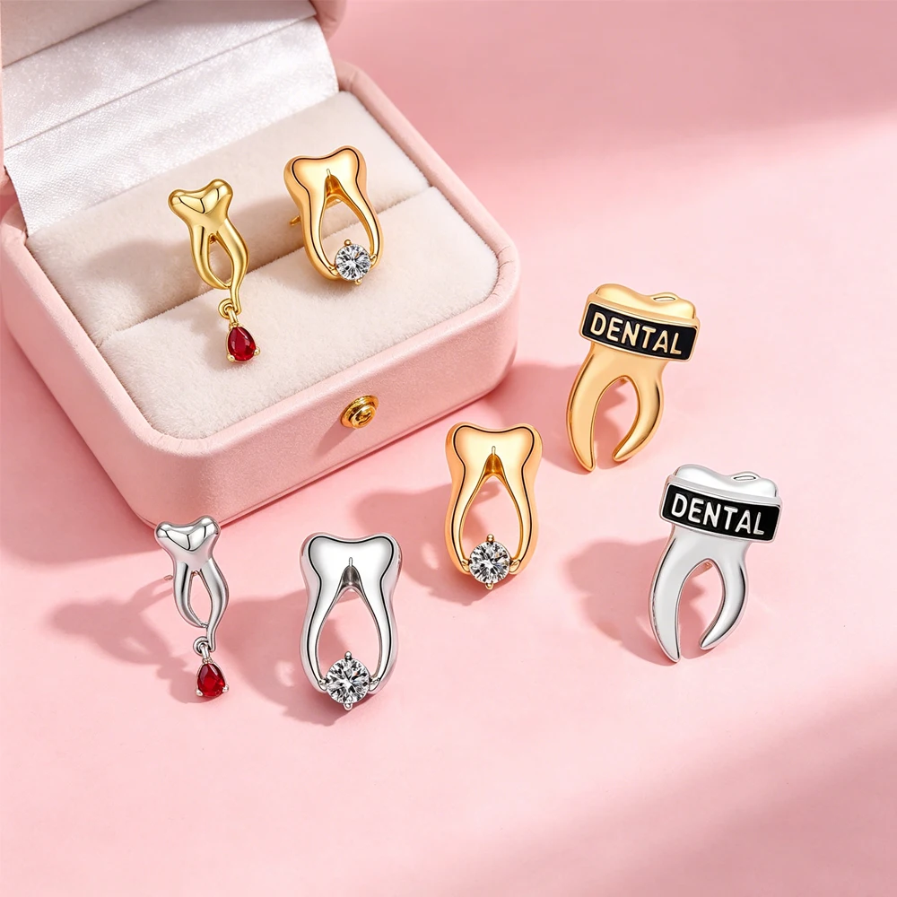 Dental Tooth Shape Brooch Rhinestone Tooth Lapel Pin Dental Letter Enamel Badge Dentist Nurse Dental Assistant  Graduation Gift