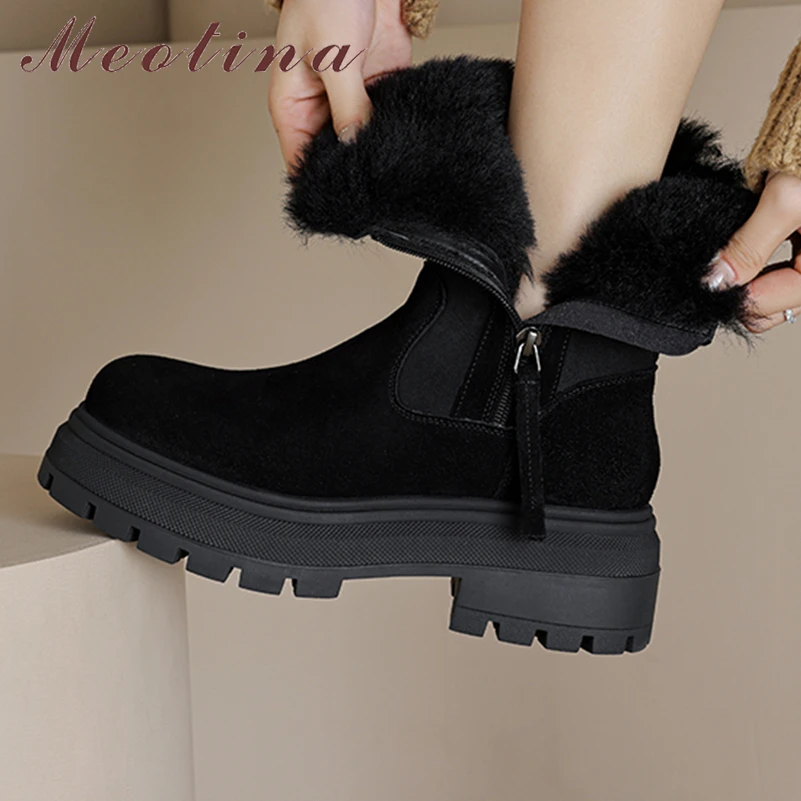 

Женские ботильоны из натуральной кожи Meotina, зимние полусапожки на платформе и блочном высоком каблуке, с круглым носком, на молнии, до 40