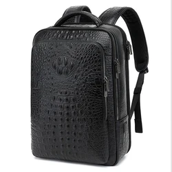 Men's Genuine Leather Computer Backpack Large Capacity Business 16-Inch Computer Travel Bag Crocodile Pattern Waterproof Bag