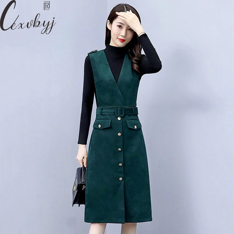 

Vintage Sleeve Dress Set Women Knitwear Pullover Top +A-Line Belt Midi Vestidos 2 Peice Outfits Fall Winter Plus Size Dress Suit