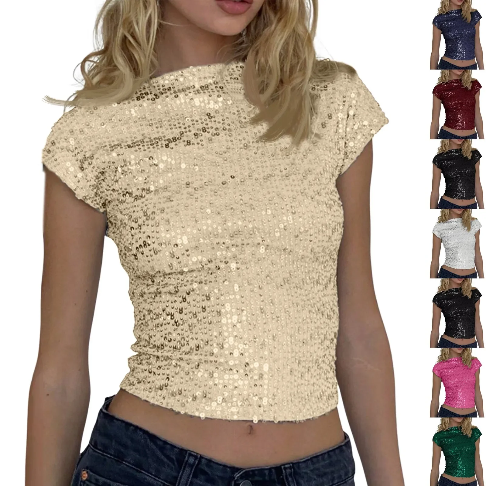 

Women O-neck Backless Short Sleeve Solid Color Sequined Crop Top Summer High Street Y2K Bodycon Tunics Fashion Tops