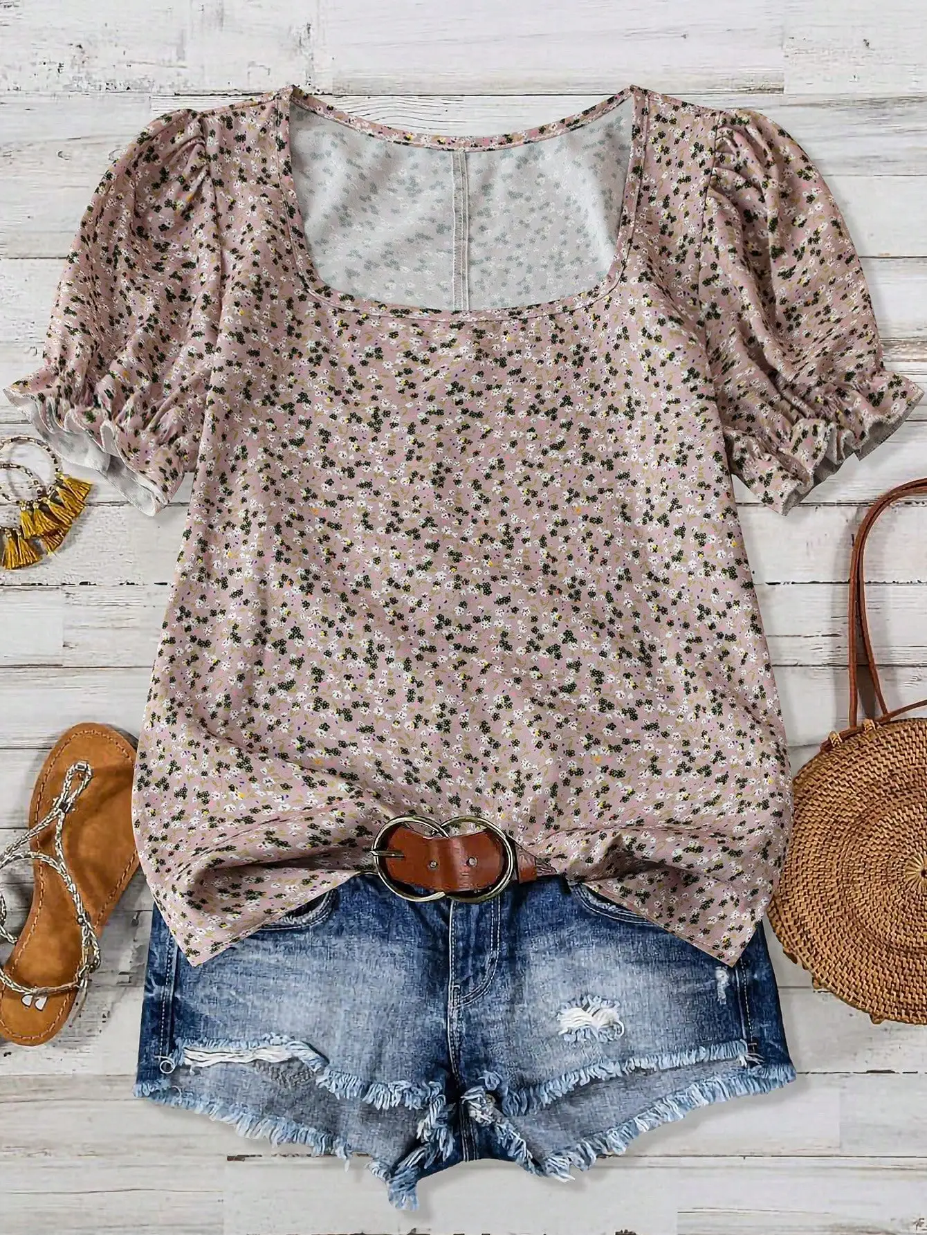 

Women's Casual Ditsy Floral Petal Sleeve Blouse Summer Boho Top