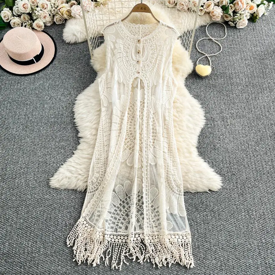 2025 women boho summer sexy lace crochet long tank dress casual hollow out beach holiday dresses tassel elegant split vestidos