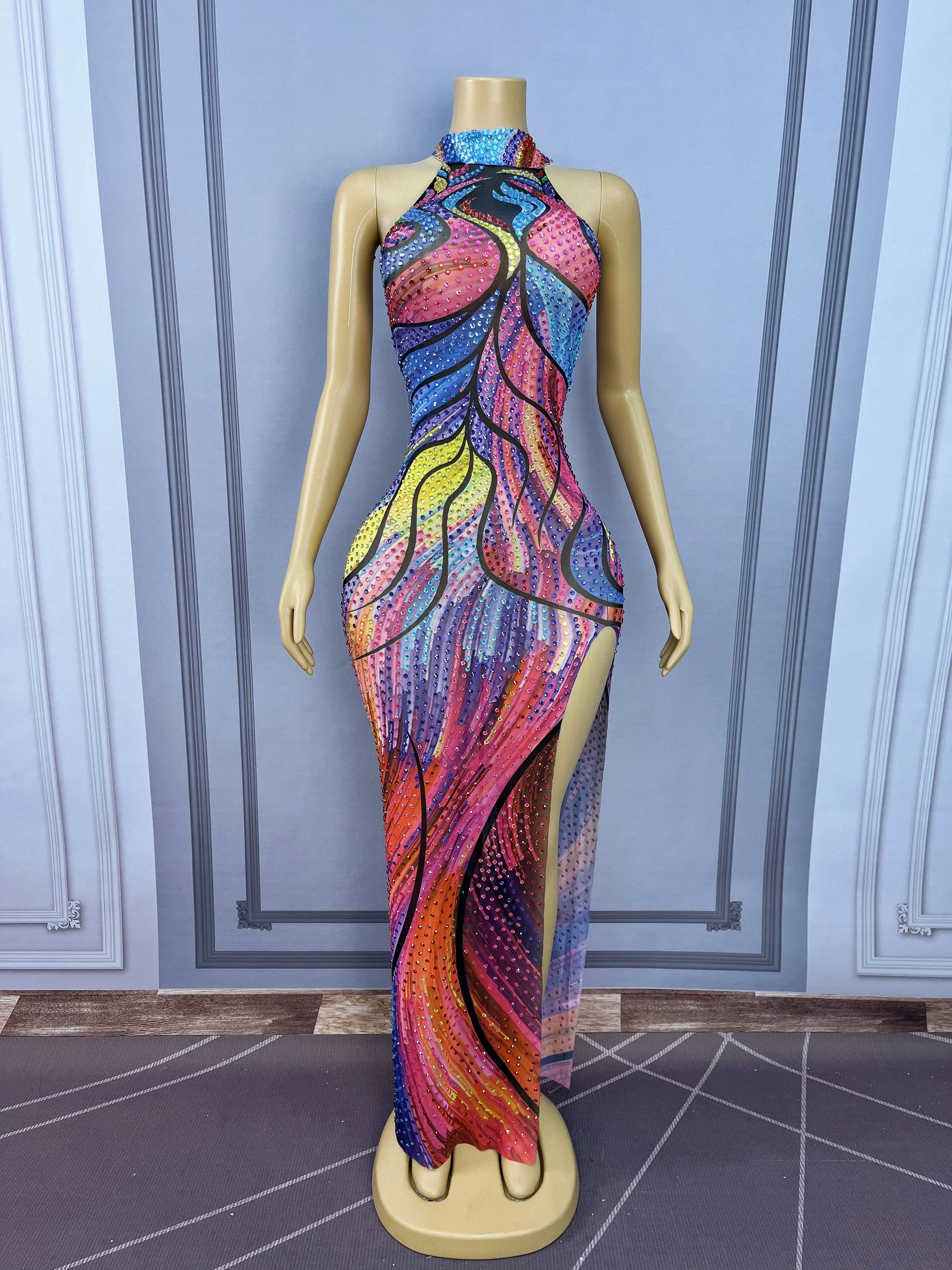 Vestido Sexy con estampado Multicolor y diamantes de imitación brillantes para mujer, vestido ajustado con abertura alta, vestido de noche para fiesta de cumpleaños, alfombra roja, ropa para escenario