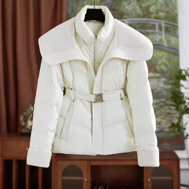 Double-Layer Collar Down Cotton-Padded Jacket Women's New Winter Short Lamb Wool Warm Parka Waist Casual  Puffer Cotton Jacket