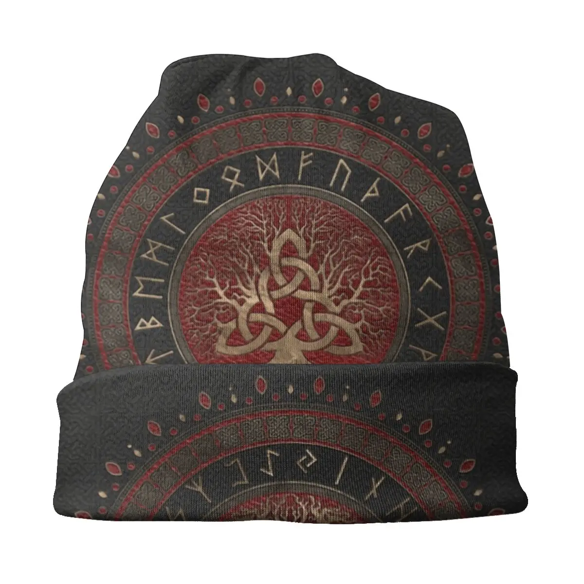 Vikings Beanie Bonnet Knitted Hat Unisex Tree Of Life With Triquetra Black Red Leather Warm Winter Skullies Beanies Cap for Ski