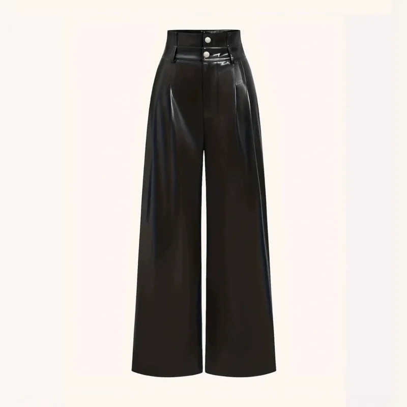HKSH Women PU Leather Pants American Style Vintage High Street Solid Color Dark Punk Casual Wide Leg Bottoms Autumn New HK27385