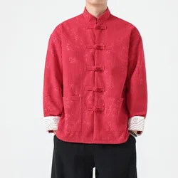 2024 Men Embroidered Tops Men Chinese Traditional Red Jackets Male Corduroy Tang Suit Men Long Sleeve Festival New Year Jacket